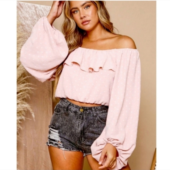 Off Shoulder Puff Sleeve Blouse pink✨️ - Picture 3 of 4